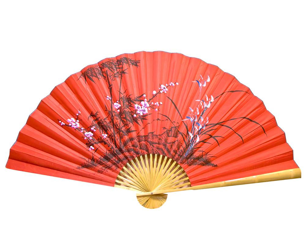 Веер настенный Сакура с бамбуком на красном фоне шелк