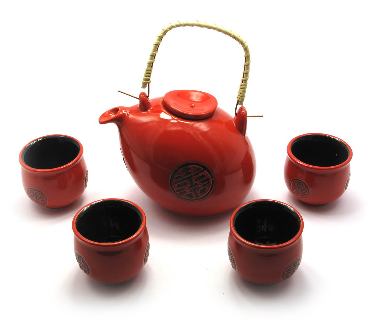 Красный чайный сервиз чайник, 4 чашки