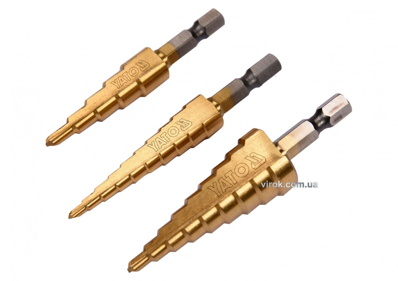 Свердла по металу конусні титанові YATO HEX-1/4" HSS 4241 3-12 мм, 4-12 мм, 4-20 мм 3 шт
Свердла по металу конусні титанові YATO HEX-1/4" HSS 4241 3-12 мм, 4-12 мм, 4-20 мм 3 шт