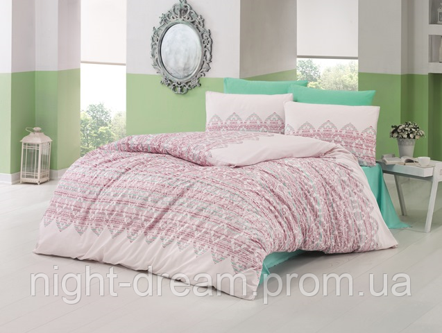 Набор постельного белья 200х220 ZAMBAK  Premium Ranforce розовое с бирюзовым