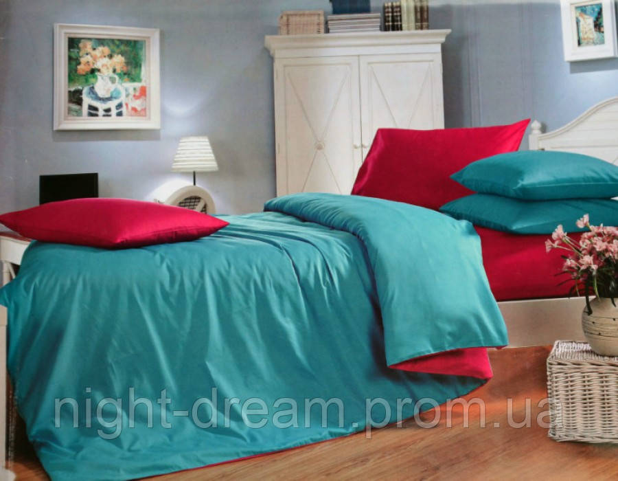 Двуспальное(евро) постельное белье сатин делюкс Prestij Textile бирюзовый с красным
