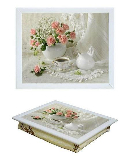 

Поднос на подушке чай и букет роз оригинальный подарок прикольный, Белый