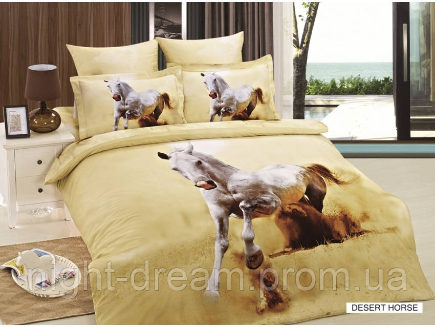 Комплект постельного белья 3D 200х220/70*70 ARYA сатин Desert Horse с белой лошадью