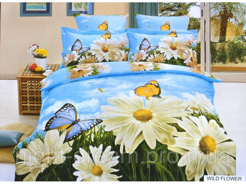 Полуторное постельное белье 3D Arya сатин 70х70  Wıld Flower с ромашками и бабочками