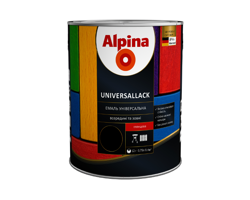 Эмаль алкидно-уретановая ALPINA UNIVERSALLACK GLANZEND БЕЛАРУСЬ универсальная черная 0,75л
Эмаль алкидно-уретановая ALPINA UNIVERSALLACK GLANZEND БЕЛАРУСЬ универсальная черная 0,75л