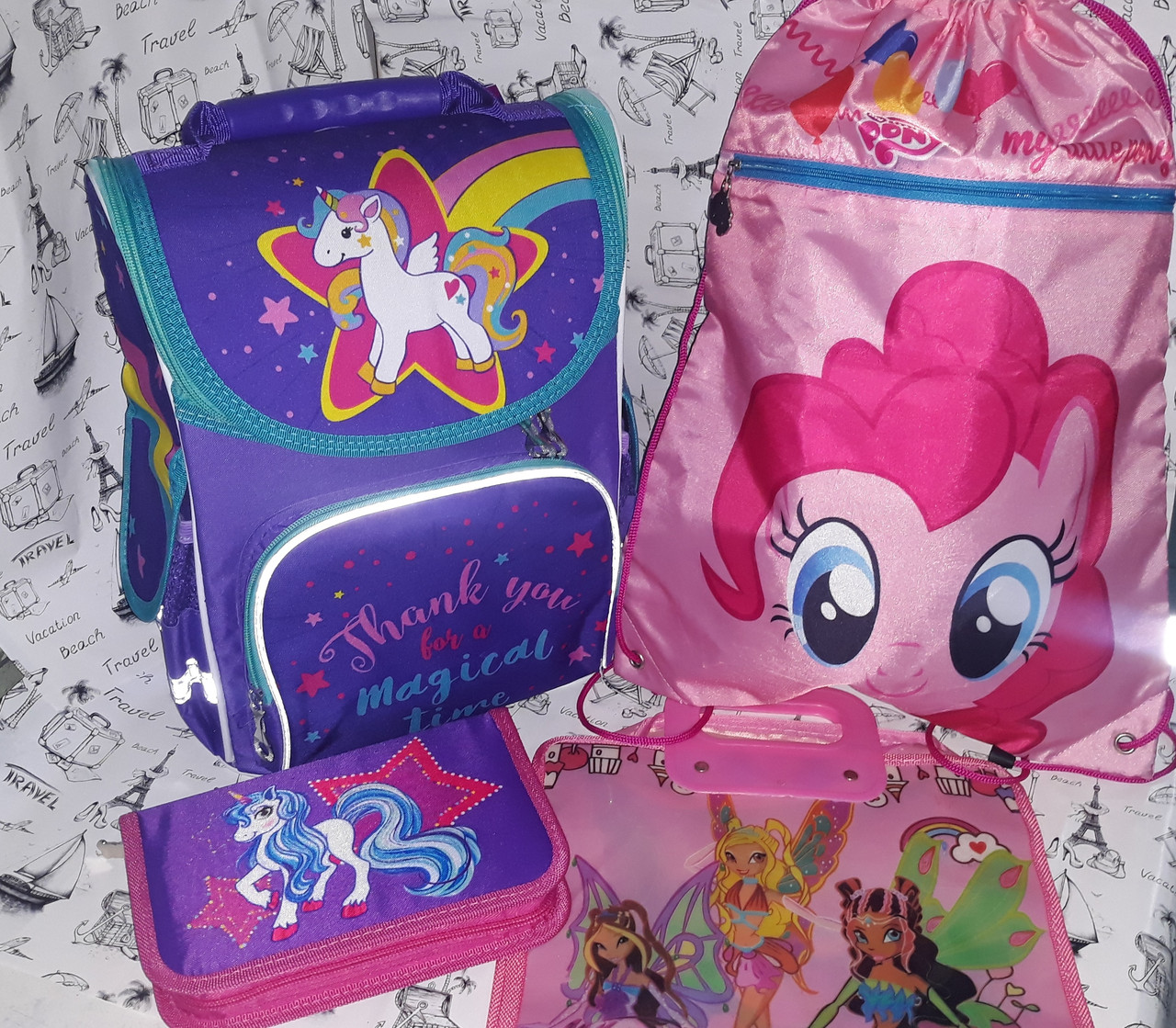 

Набор для Девочки Smile Пони рюкзак 988604, пенал , сумка для обуви + Подарок Папка, Розово-коричневый