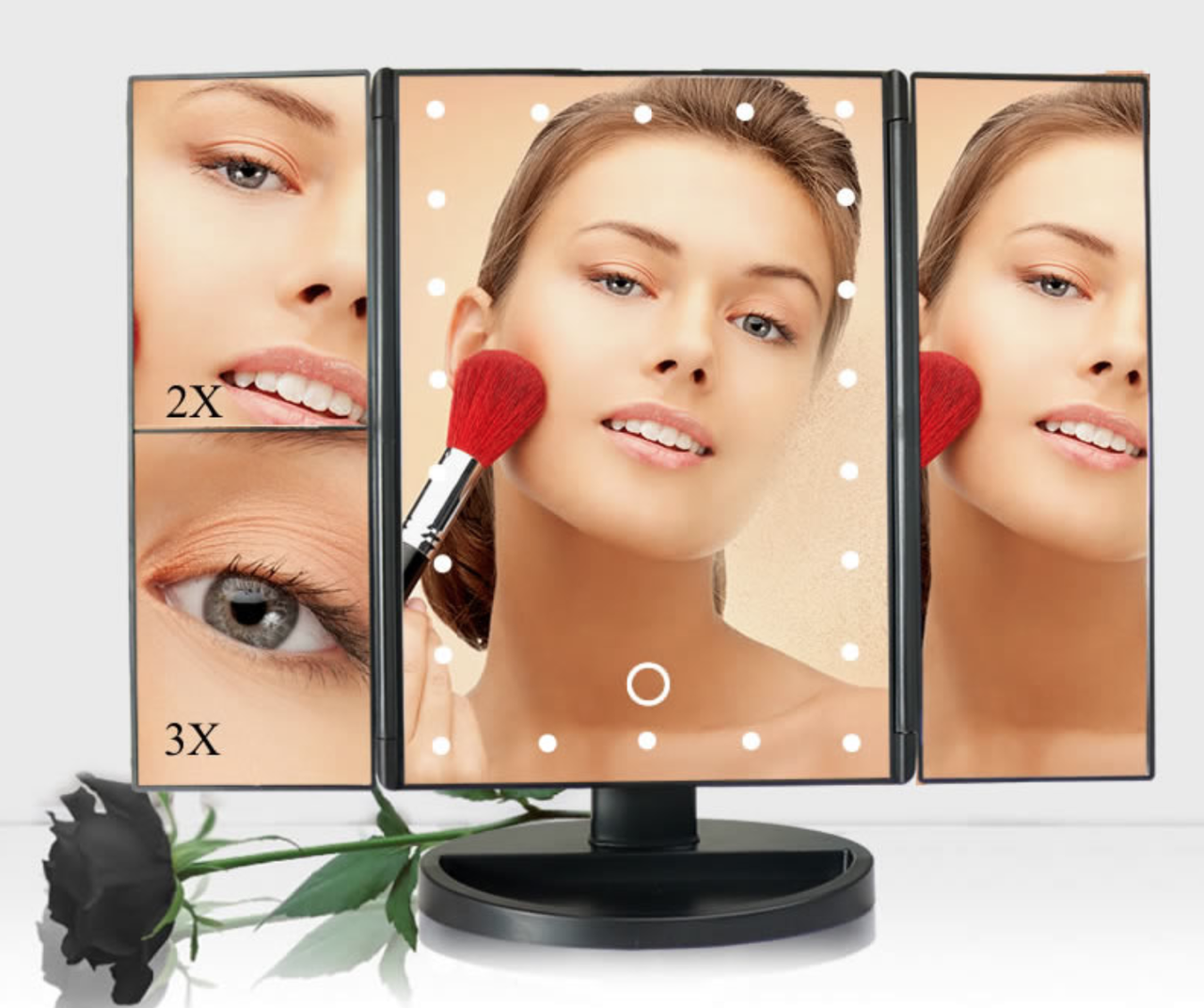 Зеркало тройное для макияжа Superstar Magnifying Mirror с LED-подсветкой прямоугольное с увеличением черное!
Зеркало тройное для макияжа Superstar Magnifying Mirror с LED-подсветкой прямоугольное с увеличением черное!