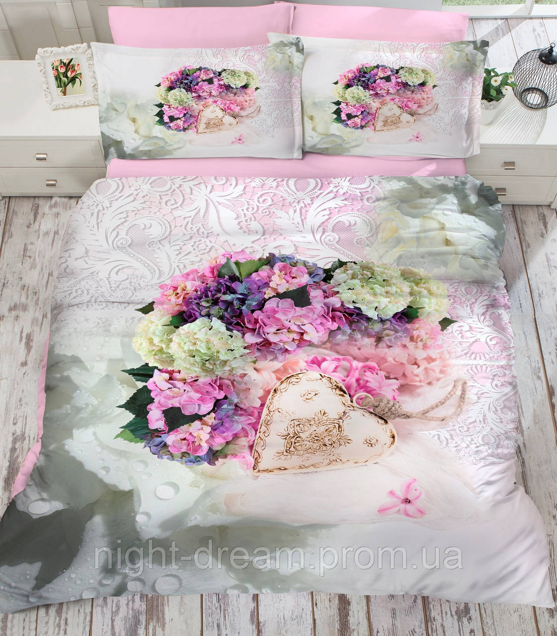 Комплект постельного белья евро  3D  сатин Gokay Hidra с цветами сирени