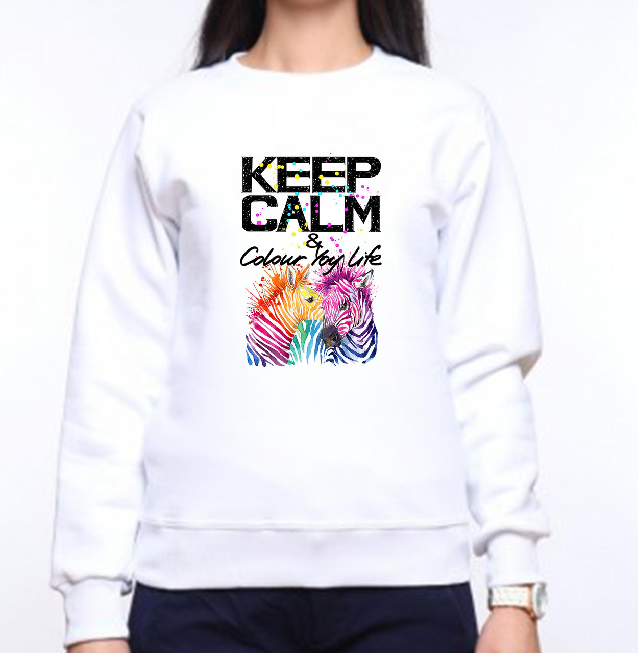 Женский свитшот с принтом Цветные зебры "KEEP CALM & Color you life" Push IT XS, Белый
Женский свитшот с принтом Цветные зебры "KEEP CALM & Color you life" Push IT XS, Белый