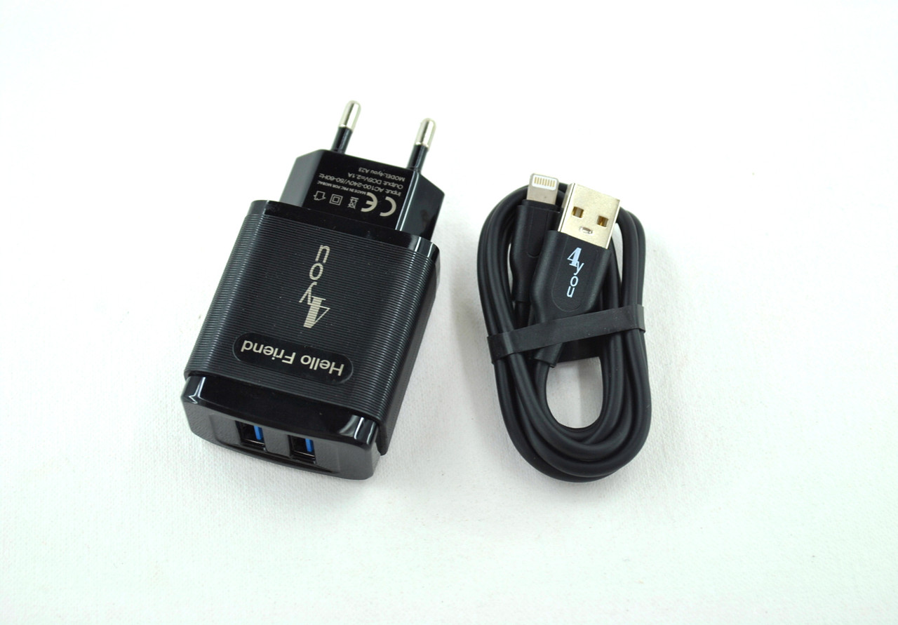 Зарядное устройство 4you A23 (2100mAh100%, 2 USB, Led подсветка, Friendly design) black + Lightning
Зарядное устройство 4you A23 (2100mAh100%, 2 USB, Led подсветка, Friendly design) black + Lightning