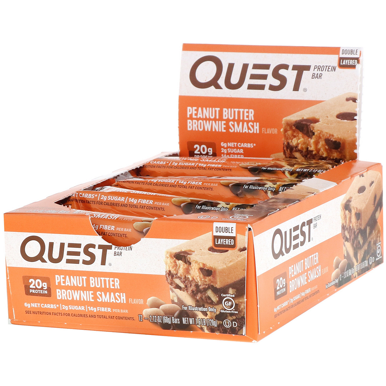 Quest Nutrition, Double Layered Protein Bar, Peanut Butter Brownie Smash, 12 Bars, 2.12 oz (60 g) Each
Quest Nutrition, Double Layered Protein Bar, Peanut Butter Brownie Smash, 12 Bars, 2.12 oz (60 g) Each