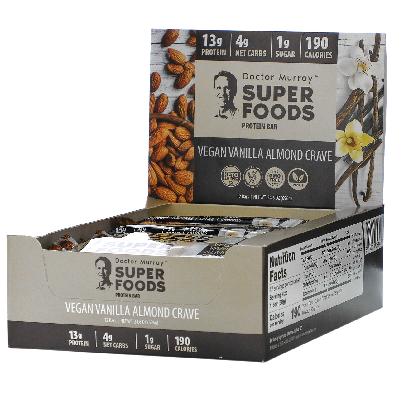 Dr. Murray's, Superfoods Protein Bars, Vegan Vanilla Almond Crave , 12 Bars, 2.05 oz (58 g) Each
Dr. Murray's, Superfoods Protein Bars, Vegan Vanilla Almond Crave , 12 Bars, 2.05 oz (58 g) Each