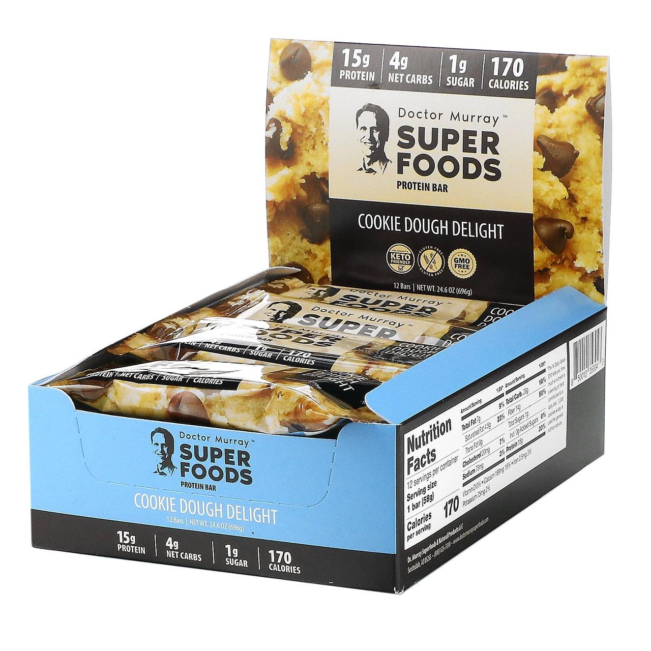 Dr. Murray's, Superfoods Protein Bars, Cookie Dough Delight, 12 Bars, 2.05 oz (58 g) Each
Dr. Murray's, Superfoods Protein Bars, Cookie Dough Delight, 12 Bars, 2.05 oz (58 g) Each