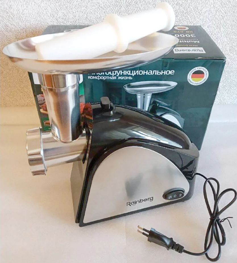 Мясорубка электрическая Rainberg RB-678, 3000W, насадка для колбас, реверс, 2 решетки
Мясорубка электрическая Rainberg RB-678, 3000W, насадка для колбас, реверс, 2 решетки