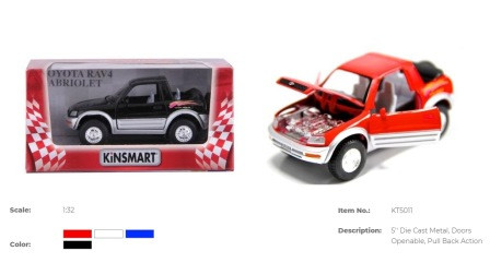 Машина метал. "Kinsmart" "TOYOTA RAV4" инерц., 12см, 1:32, от. дв., 4 цвета, в кор. 16*7,5*8см (96 шт)
Машина метал. "Kinsmart" "TOYOTA RAV4" инерц., 12см, 1:32, от. дв., 4 цвета, в кор. 16*7,5*8см (96 шт)