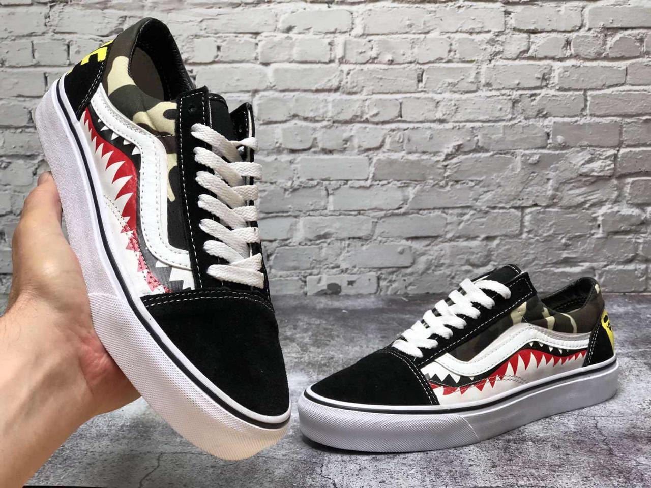 Кеды Vans Old Skool X Bape Custom Shark Camo Ванс Олд Скул Бейп черно-белый камуфляж мужские и женские размеры 41, Весна/Лето, Черный
Кеды Vans Old Skool X Bape Custom Shark Camo Ванс Олд Скул Бейп черно-белый камуфляж мужские и женские размеры 41, Весна/Лето, Черный