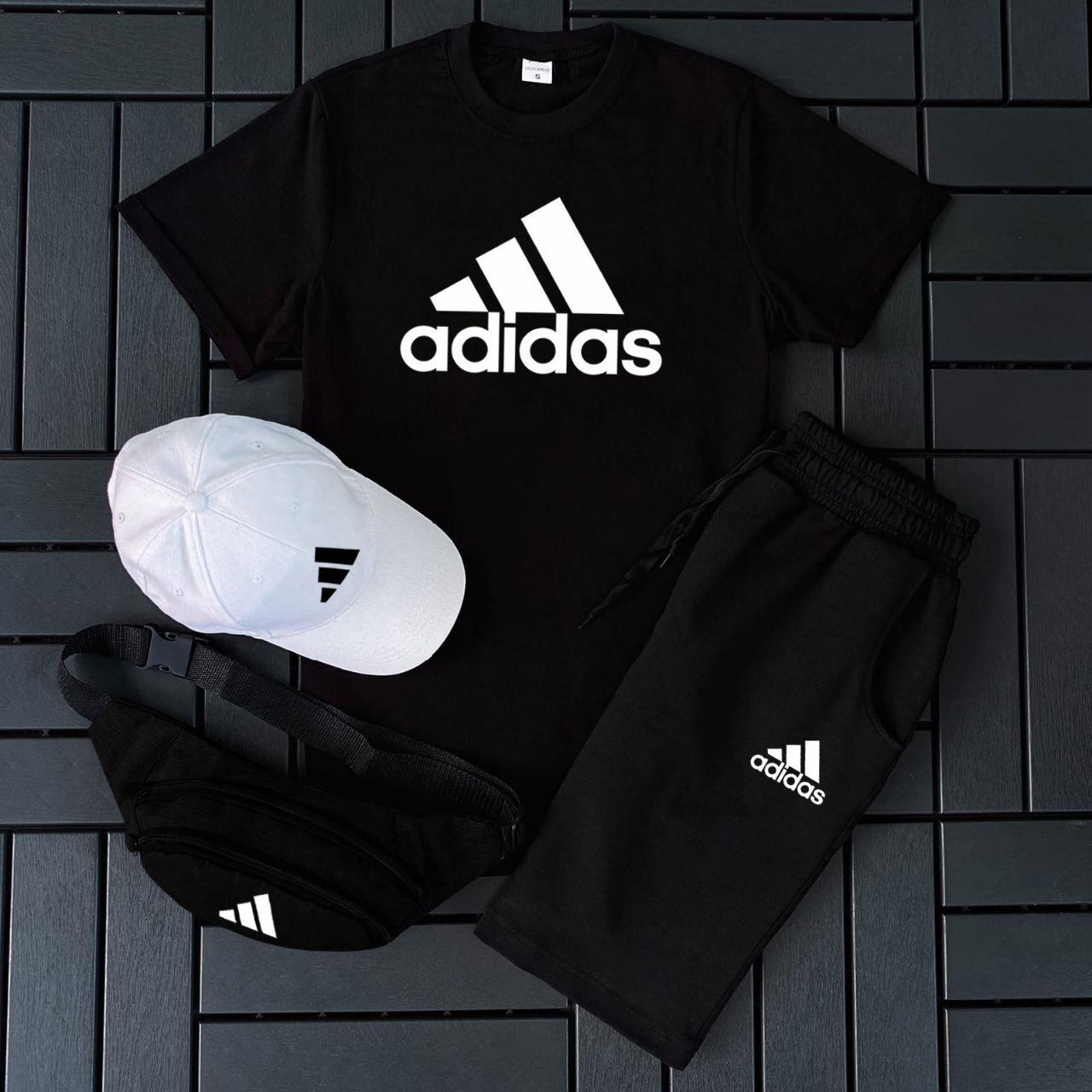 Костюм мужской летний Adidas Комплект футболка + шорты + кепка + барсетка Чёрный/белый/серый (Размер L)
Костюм мужской летний Adidas Комплект футболка + шорты + кепка + барсетка Чёрный/белый/серый (Размер L)