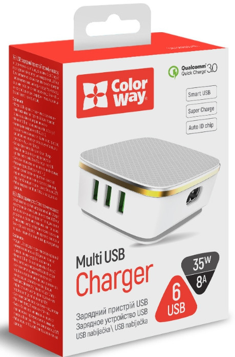Зарядний пристрій ColorWay 6USB (1QC3.0 + 5 AUTO ID) 7A (35W) білий (CW-CHS019Q-WT)
Зарядний пристрій ColorWay 6USB (1QC3.0 + 5 AUTO ID) 7A (35W) білий (CW-CHS019Q-WT)
