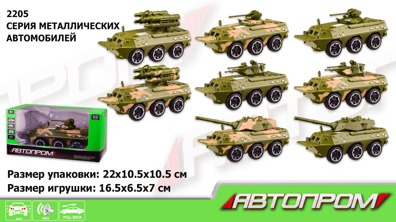 Военная техника метал 2205 (48шт|2) "АВТОПРОМ",4 вида по 2 цвета,свет,звук, в коробке 22*10,5*10,5см
Военная техника метал 2205 (48шт|2) "АВТОПРОМ",4 вида по 2 цвета,свет,звук, в коробке 22*10,5*10,5см
