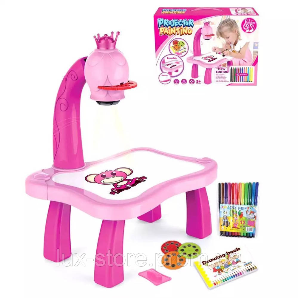 

Детский стол проектор музыкальный с подсветкой для рисования и фломастерами розовый Projector Painting