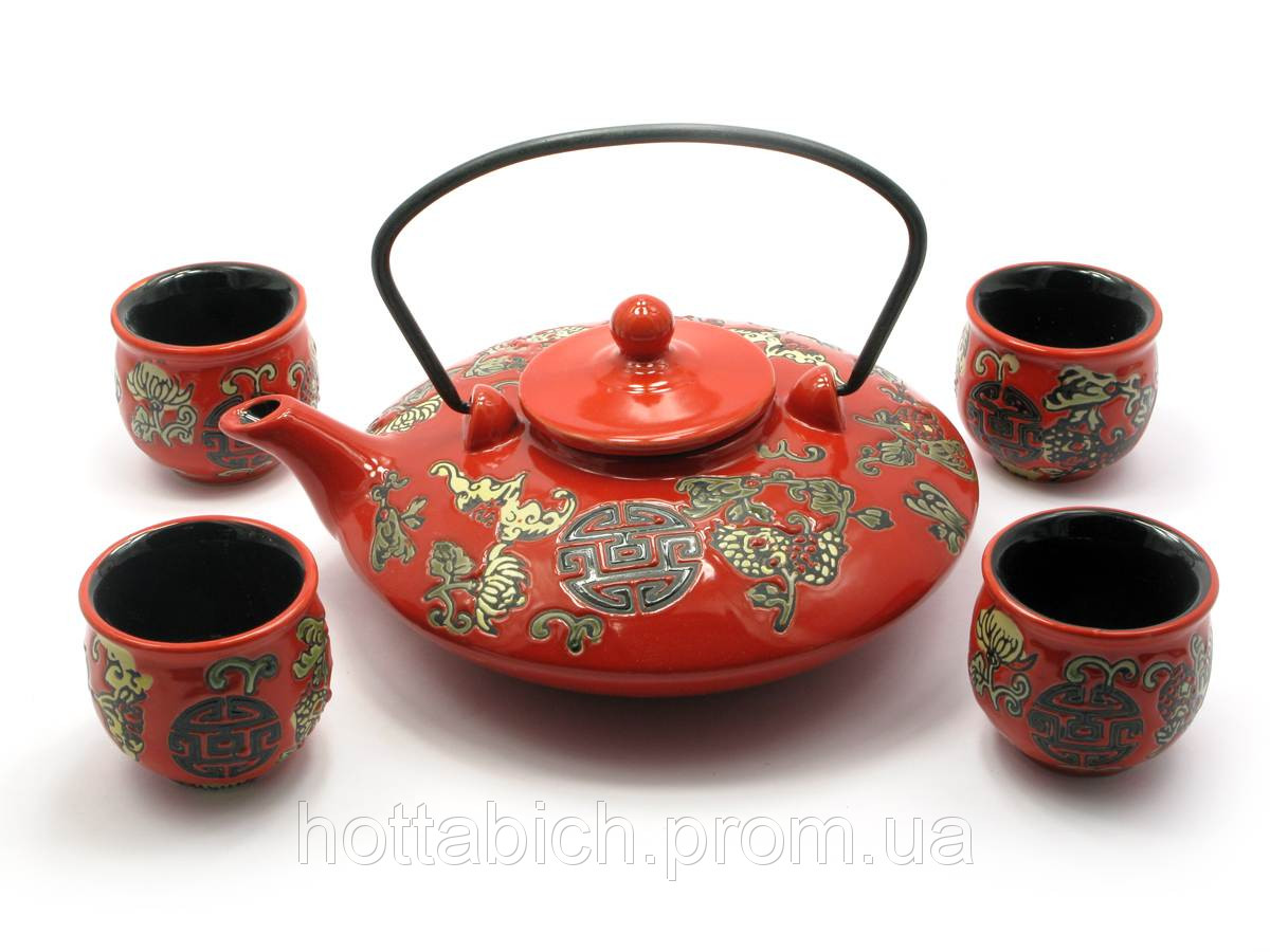 Сервиз керамический красный чайник и 4 чашки