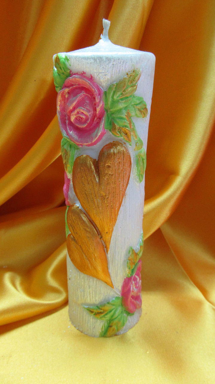 Свадебная свеча семейный очаг.Цилиндр с розами и сердцем цветной