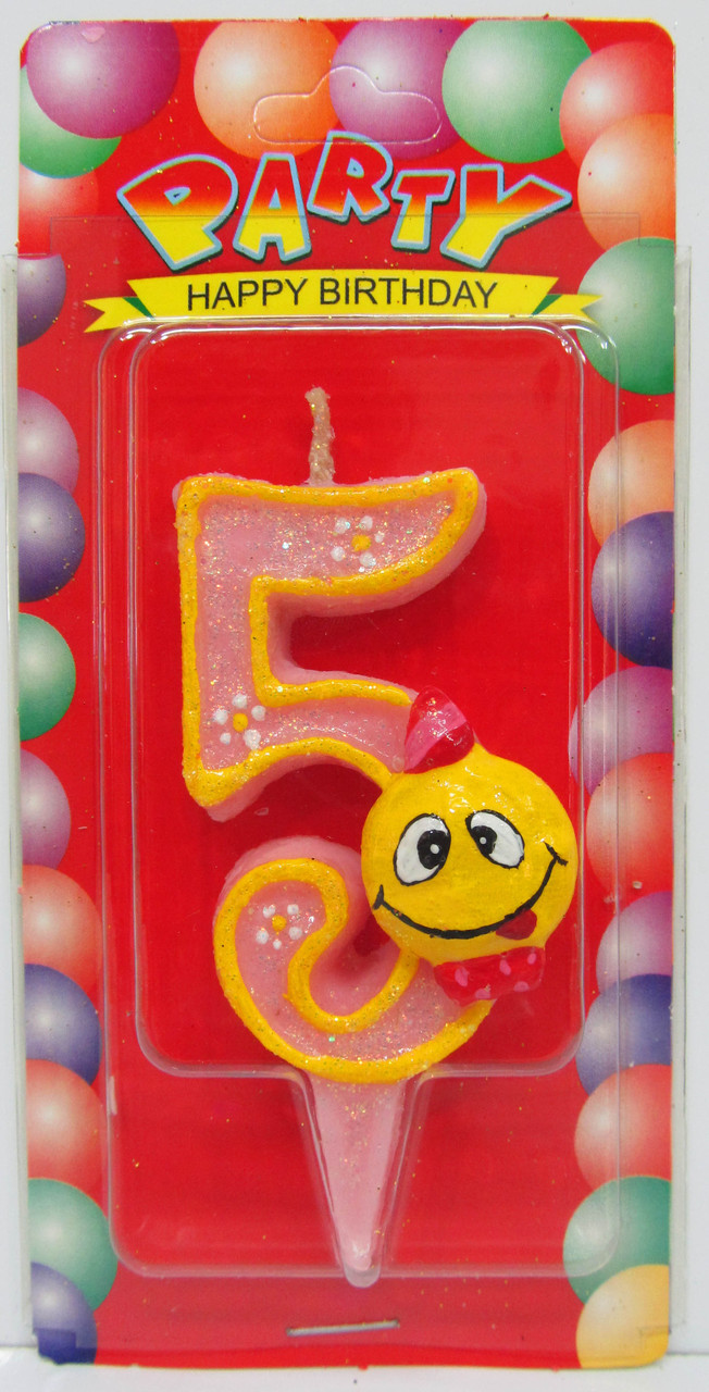 Свеча цифра на торт  " Смайлик розовый - 5 "