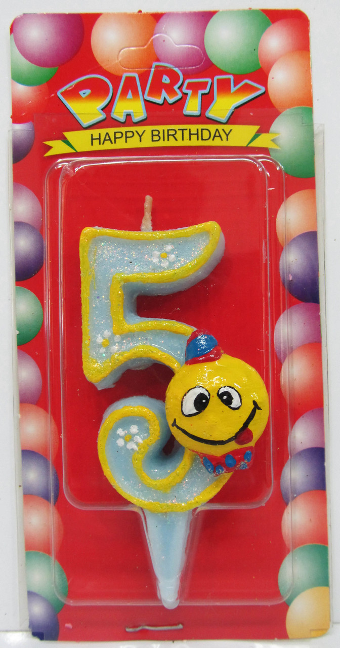 Свеча цифра на торт  " Смайлик голубой - 5 "
