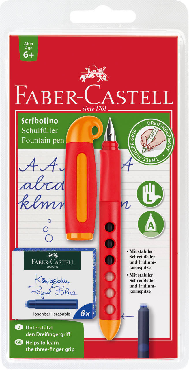 Ручка перья школьная Faber-Castell Scribolino для левшей, корпус ассорти + 6 картриджей, 149803
Ручка перья школьная Faber-Castell Scribolino для левшей, корпус ассорти + 6 картриджей, 149803