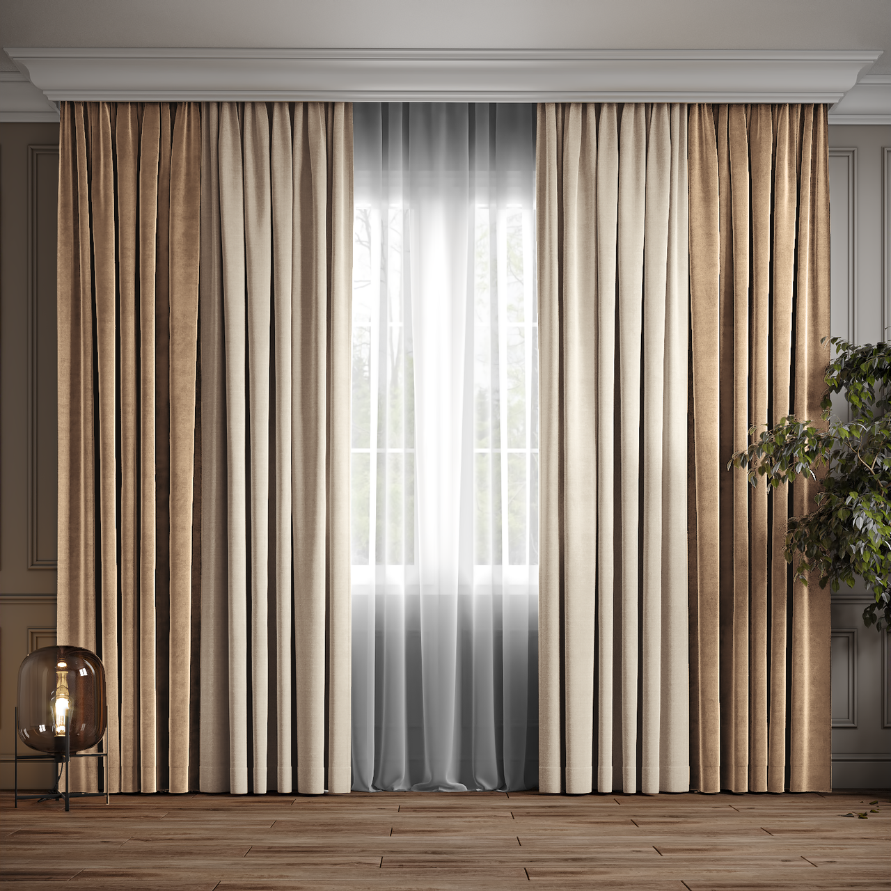 Комплект двухцветный штор Ann-Tailor микровелюр 150x270 см 2 шт Бежево-песочный с молочный
Комплект двухцветный штор Ann-Tailor микровелюр 150x270 см 2 шт Бежево-песочный с молочный