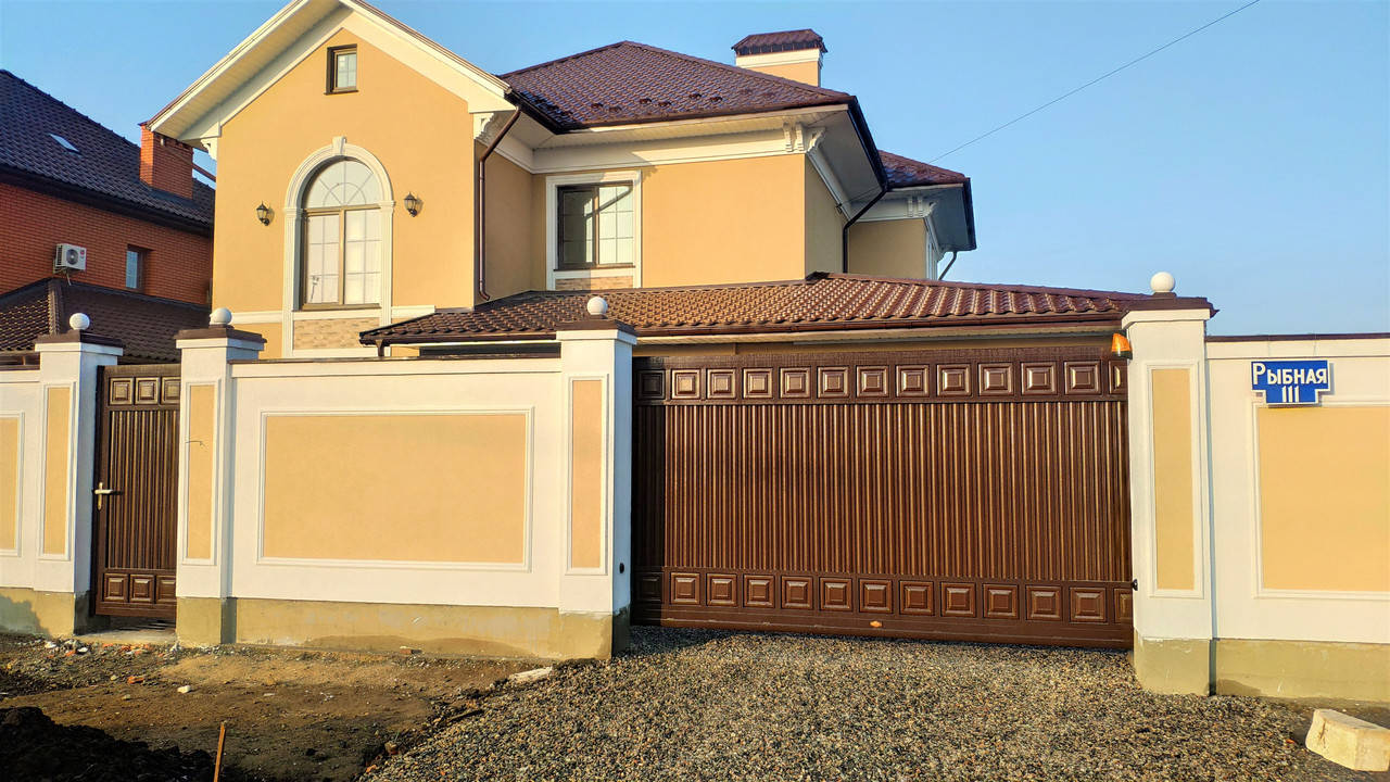 Откатные уличные ворота TM Hardwick ш3500 в2200 и калитка ш1000 в2200(дизайн Премиум), Коричневый