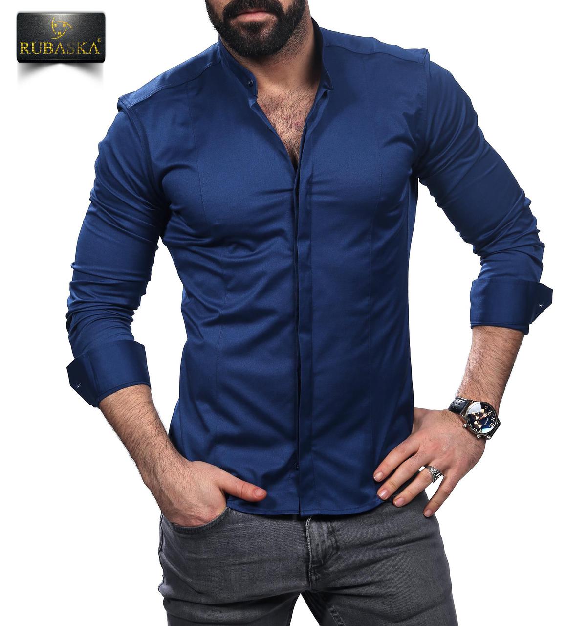Мужская приталенная рубашка синяя 44, Синий