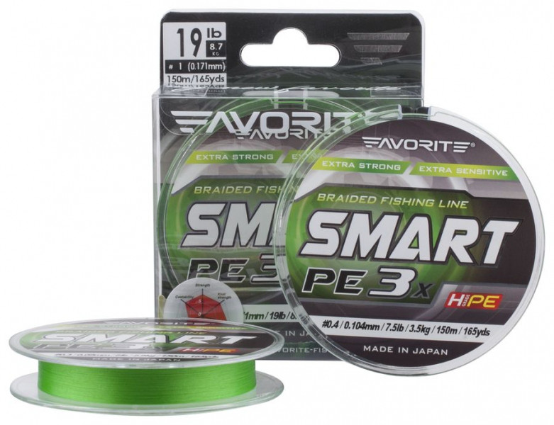 

Шнур Favorite Smart PE 3x 150м (l.green) #0.6/0.132mm 12lb/5.4kg (1693.10.66 )