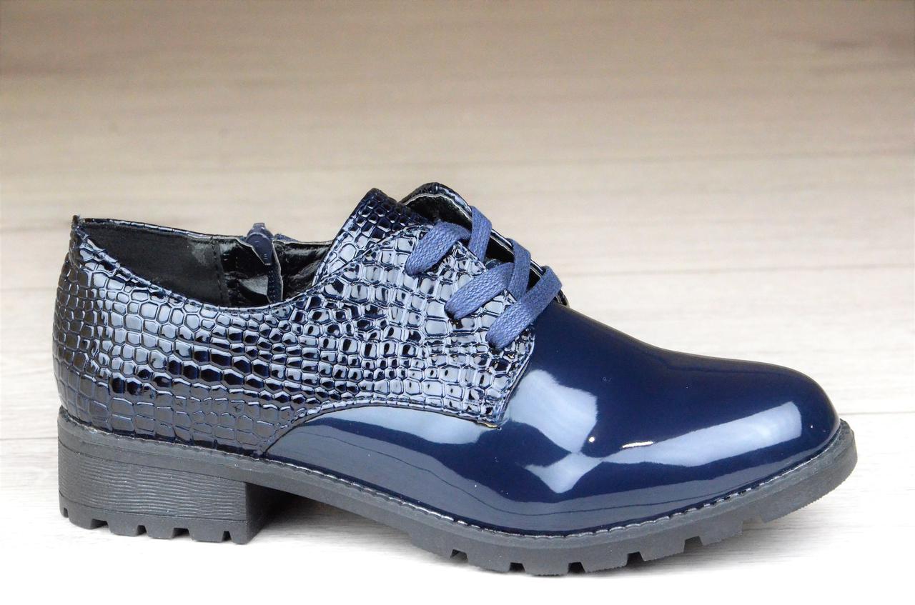 Женские туфли лаковые синие на шнурках ( код 8829) - жіночі туфлі лако