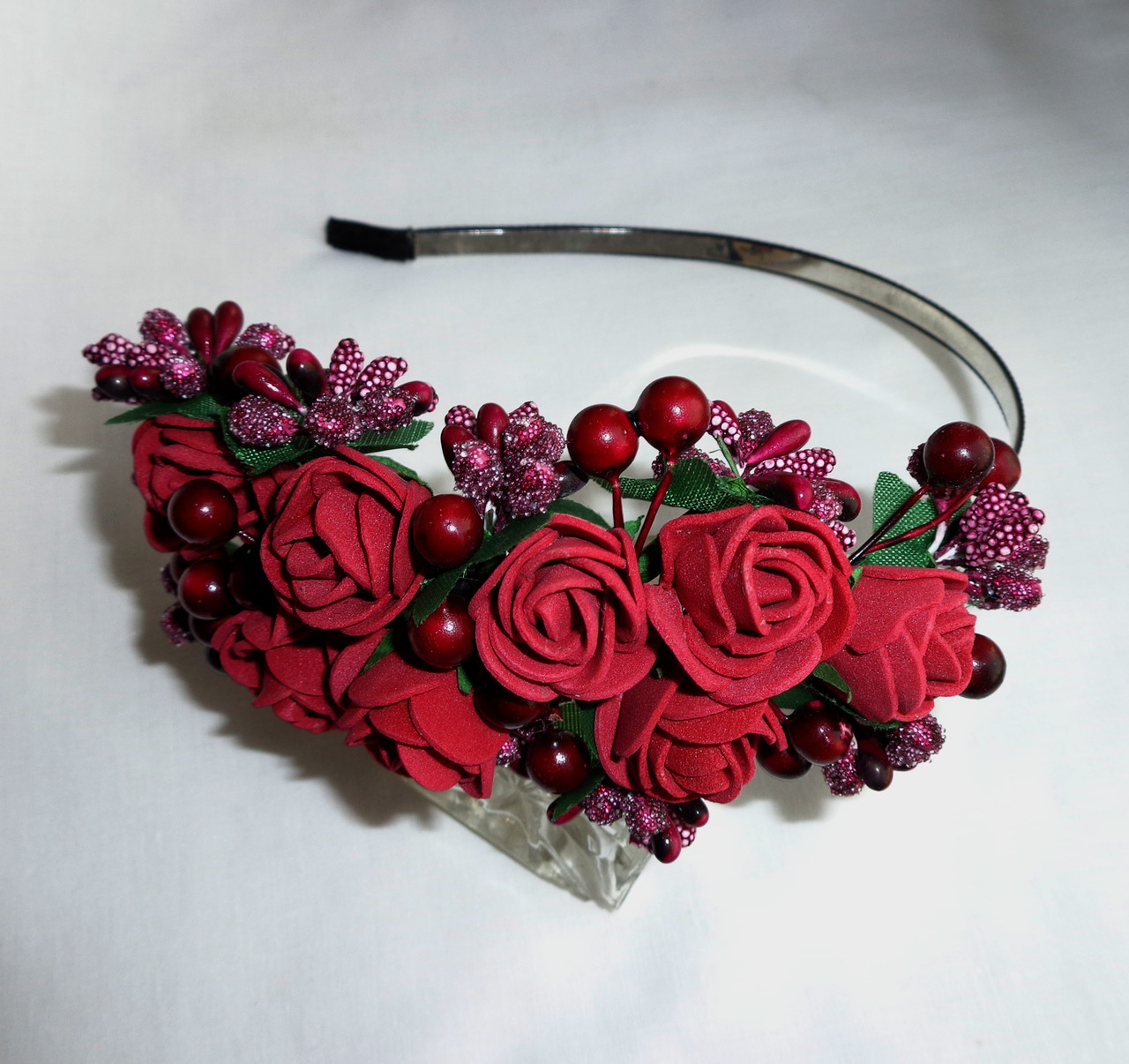  Обруч для волосся з квітами і ягодами ручної роботи "Бордові Трояндочки"-купити-в інтернет-магазині AnnaRose
