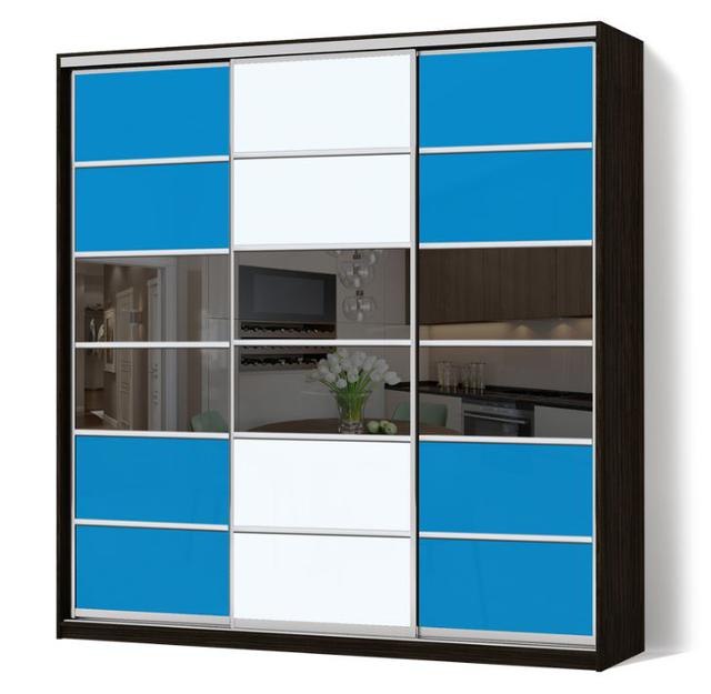 Шкаф-купе трехдверный Классик с фасадами цветное стекло(голубой с белым+черный)