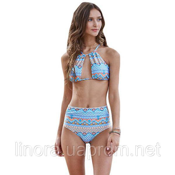 

Halter Cut out Mix Printed High Waist Bottom Bikini