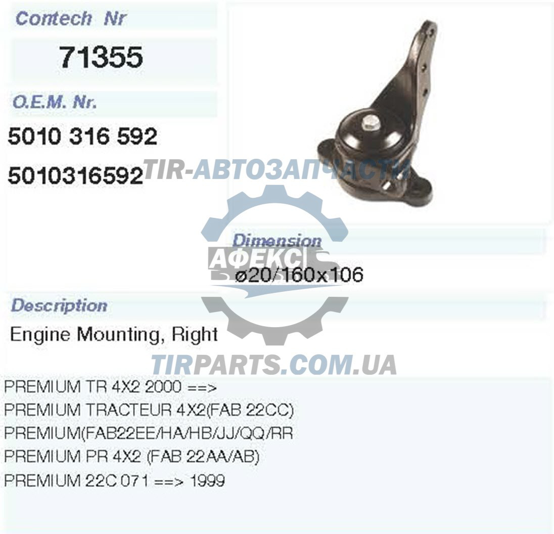 

Подушка двигателя правая Renault Premium\96- (5010316592 | 71355CNT)