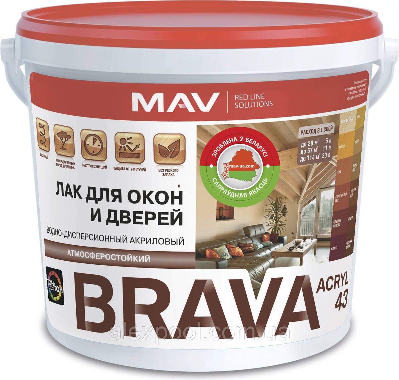 

Акриловый лак MAV BRAVA ACRYL 43 без запаха на водной основе для окон и дверей Тик 11 л