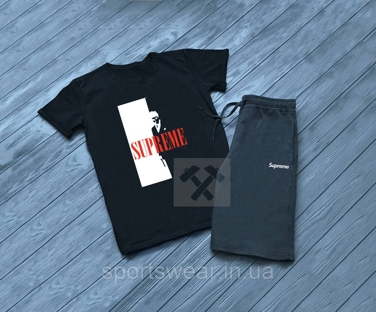 

Мужской комплект футболка + шорты supreme черного и серого цвета "" В стиле Supreme ""