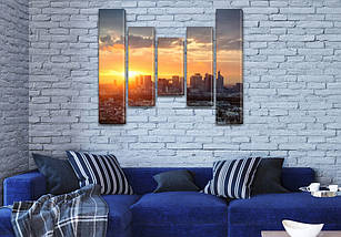 Картина модульная Восход солнца в большом городе, на Холсте син., 80x100 см, (80x18-2/55х18-2/40x18), фото 3