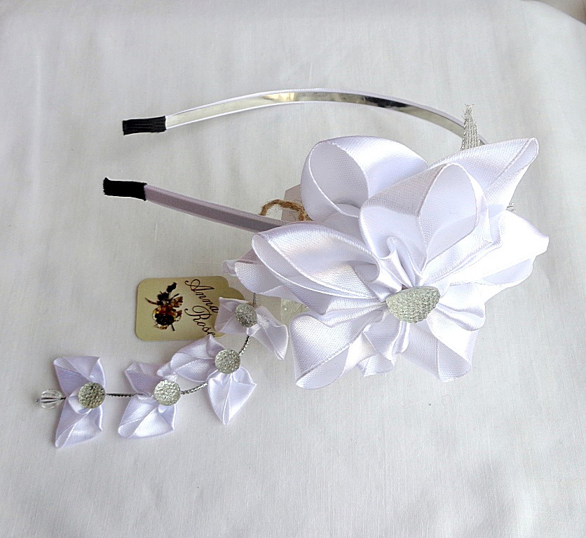 Обруч білий для волосся з квіткою зі стрічок ручної роботи Біла верба-купити-в інтернет-магазині AnnaRose