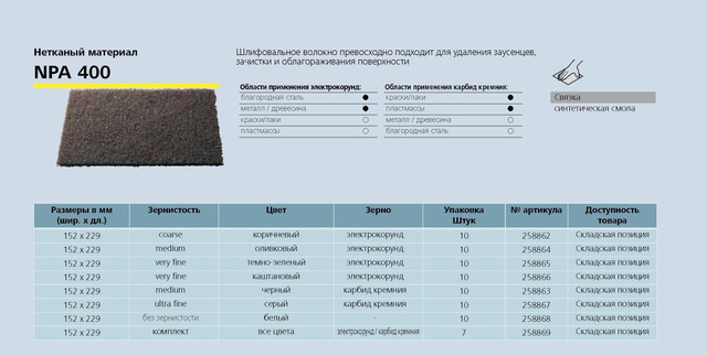 Нетканный абразивный материал скотчбрайт NPA400 Klingspor (152х229мм)HDUTY