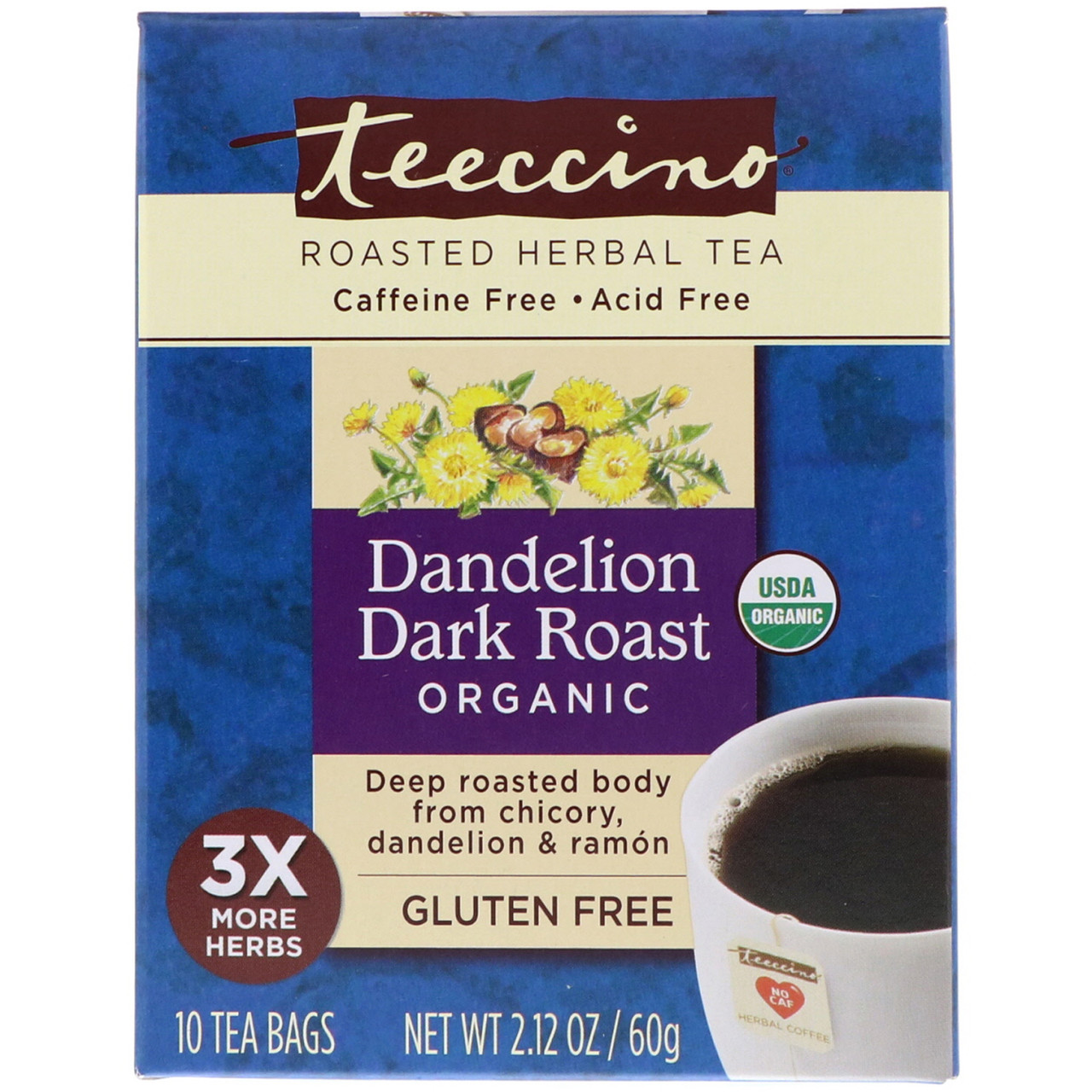 

Teeccino, Roasted Herbal Tea, Dandelion Dark Roast, Organic, Caffeine Free, 10 Tea Bags, 2.12 oz (60 g)