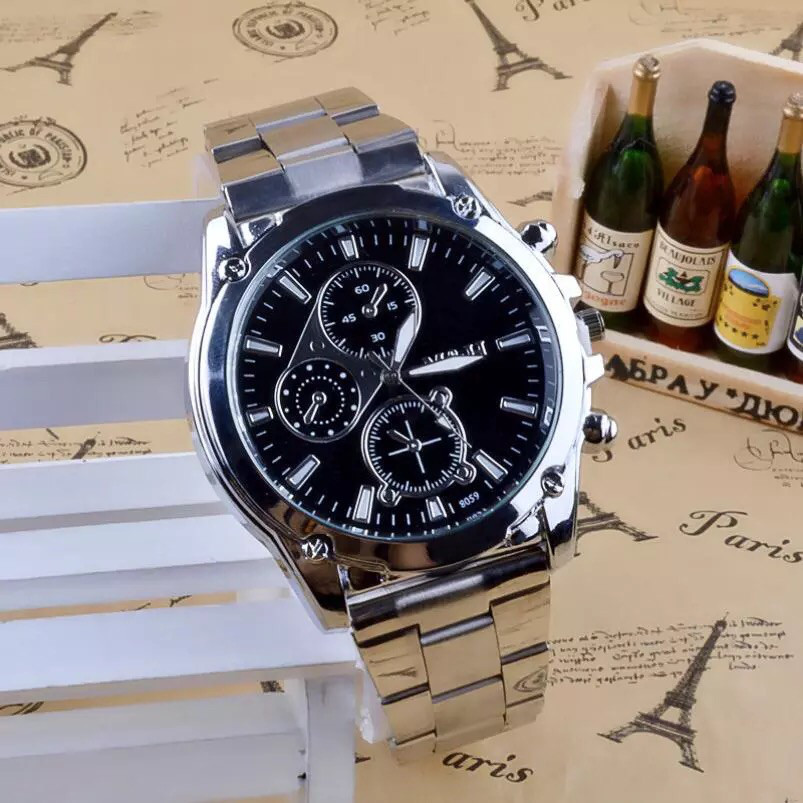 

Часы мужские наручные кварцевые с металлическим браслетом (чёрный циферблат)