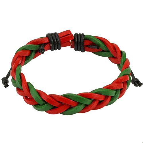 Кожаный плетеный браслет красно-зеленый Spikes