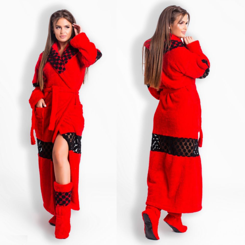 

Махровый красный халат с кружевом и сапожками (р.M-L)