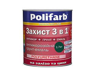 Эмаль-грунт акриловая POLIFARB "ЗАХИСТ 3 в 1" для металла и оцинковки, RAL 6005-морская-зелень, 2,7кг 