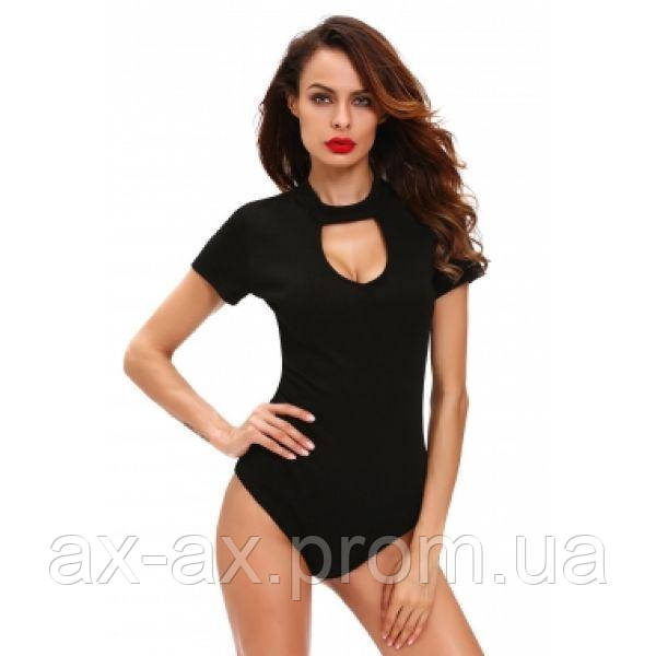 

Solid Black Peep Hole Choker Bodysuit, Черный