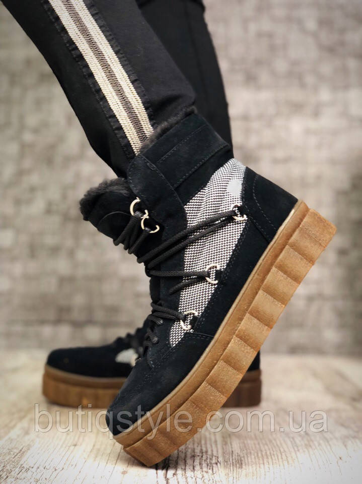 

Зимние ботинки женские черные на шнуровке натуральная замша + кожа, Черный